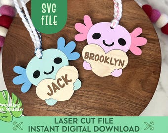Axolotl Valentine's Day Basket Tag SVG, Valentine's Gift Tag, Kids Valentine Tag, Love Basket Tag, Axolotl Keychain, Glowforge, Axolotl SVG
