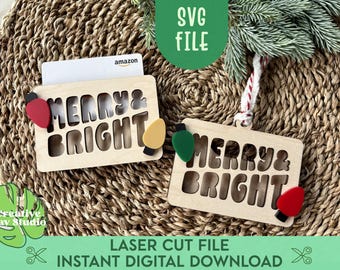 Merry and Bright Christmas Gift Card Holder SVG, Laser Gift Card Holder