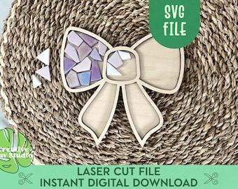 Coquette Bow Mosaic Base SVG, DIY Kids Crafts, Wooden Frame, Valentine's Day Craft, Mosaic Substrate, Gift for Girls, Glowforge Cut Files