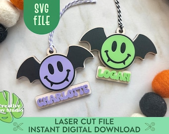 Happy Face Vampire Bat Boo Basket Tag SVG, Halloween Bag Tag, Bat Boo Basket Filler, Personalized Halloween Decor, Halloween Bat Gift Tag