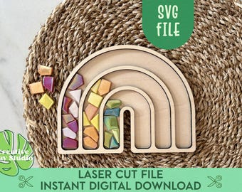 Base de mosaico arcoíris SVG, manualidades para niños, marco de madera, manualidades arcoíris, sustrato para mosaico