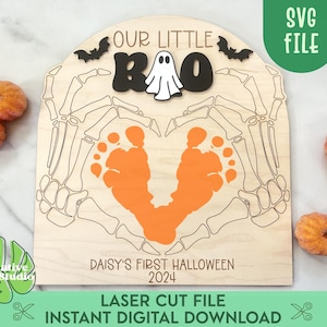 Halloween Baby Footprint SVG, Our Little Boo Sign, Baby&#39;s First Halloween, Personalized Halloween Decor, DIY Footprint Art, Laser Cut File