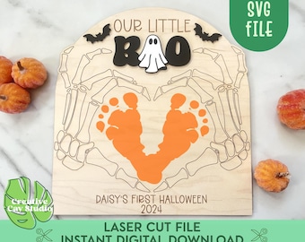 Halloween Baby Footprint SVG, Our Little Boo Sign, Baby's First Halloween, Personalized Halloween Decor, DIY Footprint Art, Laser Cut File