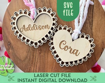 Lace Heart Valentine's Day Basket Tag SVG, Valentine's Gift Tag, Scalloped Heart Tag, Love Basket Tag, Heart Name Tag, Lace Heart Doily SVG