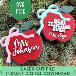 May include: Two red apple-shaped ornaments with white text and light blue and pink accents. One says "Best Teacher Ever Mrs. Hugo", the other says "Mrs. Johnson". The ornaments are laser cut files for instant digital download.