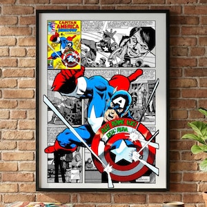 Può includere: Arte a fumetti incorniciata con Capitan America in azione. L'opera d'arte è un vibrante mix di rosso, bianco e blu, con linee audaci e pose dinamiche. La cornice è nera e l'opera è esposta su un muro di mattoni.