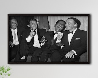 額装された「The Rat Pack 1961」、ディーン・マーティン、サミー・デイビス・ジュニア、フランク・シナトラ、ヴィンテージの白黒写真、オールド・ハリウッド・グラム・アート、セレブリティのポートレート