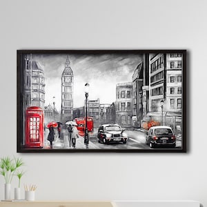 Framed London Street Scene Canvas Print, Big Ben Wall Art, Red Umbrella and Bus Painting, Black and White Cityscape, UK Travel Decor
