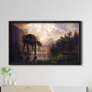 Framed Star Wars AT-AT Canvas, Vintage Endor Landscape Sci Fi Wall Art, Classical Painting Mashup, Nerdy Home Decor, Pop Culture Canvas