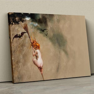 Antique Witch on Broom Canvas, Falero Luis Ricardo The Witch, Vintage Flying Witch Print, Witchcraft Poster Wall Art, Witch Wall Art