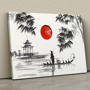 Japanese Boatman Canvas, Japanese Black And White Art, Japanese Landscape Art, Japanese Watercolor Wall Art, Japanese Style Wall Decor,