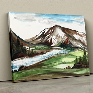 Mt. Rainier Watercolor Canvas Wall Art – Beautiful Pacific Northwest Mountain Landscape Print, Perfect for Nature-Inspired Home Decor
