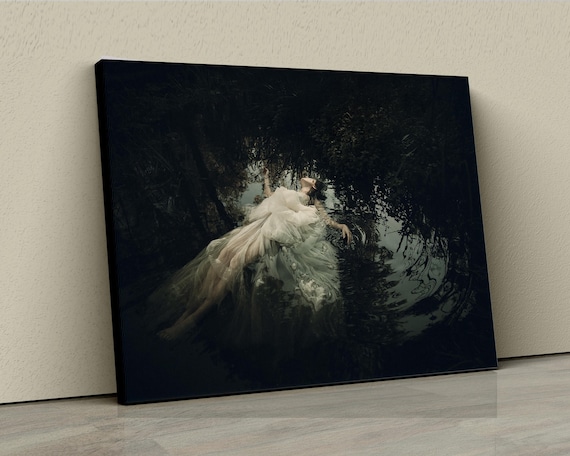 Ophelia Aesthetic Canvas, Dark Romantic Woman in Water Canvas, Gothic Fairytale Poster, Moody Forest Art Print, Feminine Nature Decor