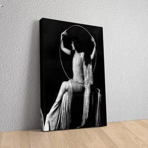 Flapper Follies Canvas Art – Glamorous Jazz Age Wall Decor Featuring a 1920s Risque Woman with Hoop, Black & White, Home Wall Decor
