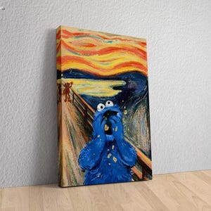 May include: A blue, furry monster with a wide open mouth is depicted in a parody of Edvard Munch's "The Scream". The monster is surrounded by a swirling, yellow and orange sky, and a dark blue and black landscape.