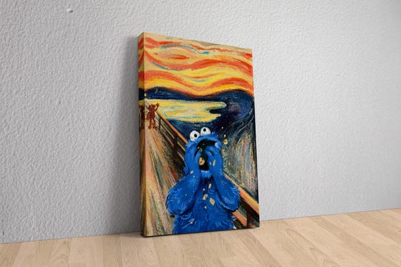 Funny Scream Parody Wall Art, Cookie Monster Canvas Print, Pop Culture Meme Poster, Colorful Funny Art for Kitchen or Game Room