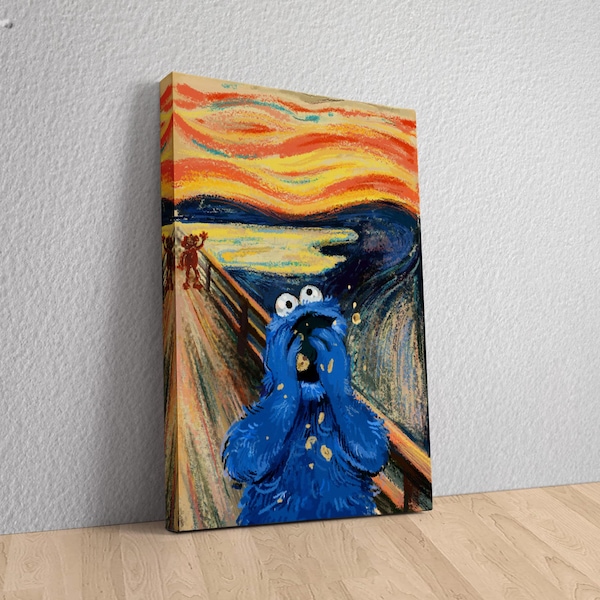 Funny Scream Parody Wall Art, Cookie Monster Canvas Print, Pop Culture Meme Poster, Colorful Funny Art for Kitchen or Game Room