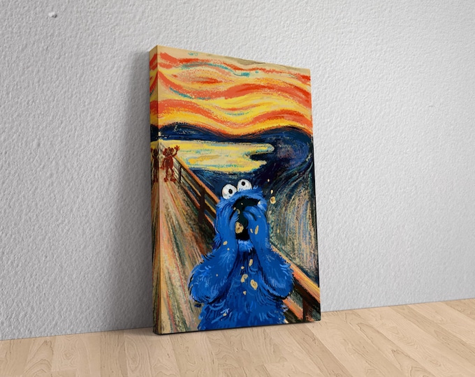 Funny Scream Parody Wall Art, Cookie Monster Canvas Print, Pop Culture Meme Poster, Colorful Funny Art for Kitchen or Game Room