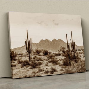 Arizona Desert Sepia Canvas, The Four Peaks and Saguaros, Central Arizona Desert, Farmhouse Wall Decor, Arizona Desert Landscape