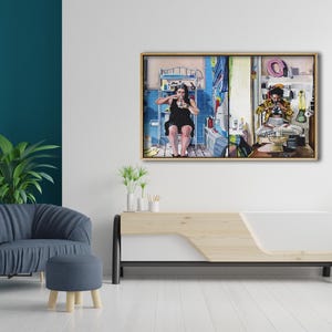May include: A painting depicting two people in a bathroom setting. One person is sitting on a toilet, while the other is standing in a shower stall. The painting is framed in a light wood frame.