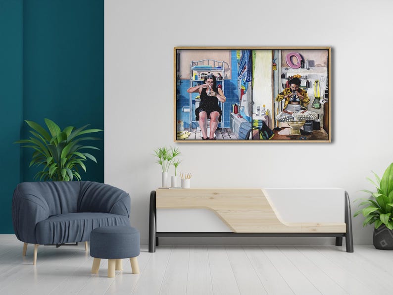 May include: A painting depicting two people in a bathroom setting. One person is sitting on a toilet, while the other is standing in a shower stall. The painting is framed in a light wood frame.