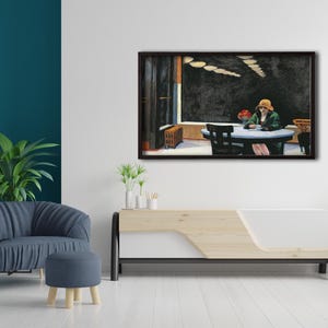 May include: A framed painting of a woman sitting at a table in a restaurant. The woman is wearing a green jacket and a hat. The restaurant is dimly lit and has a dark background.