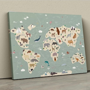 Karte der Tiere, Weltkarte Kinder Leinwand Wandkunst, Karte für Kinder unter dem Thema Tiere, Kinderzimmer Karte, Klassenzimmer Wanddekoration, Weltkarte mit Tieren