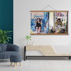 May include: A framed painting depicting two women in a bathroom setting. One woman is sitting on a toilet, while the other is sitting on a bathtub. The painting is in a modern style with bright colors and bold lines.
