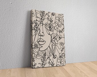 Boho Frauen Blumen Leinwand, Bohemian Wandkunst, Abstrakt Boho Kunstdruck, Wohnzimmer Druck, Mid Century Wall Line Art Print Set