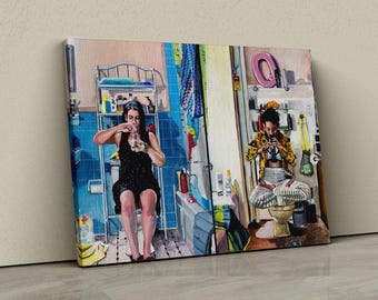 Broad City Bathroom Funny Wall Art – Abbi e Ilana Oil Painting Prints para decoração de casa humorística e única, tela de banheiro engraçada, impressão