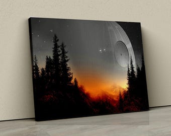 May include: A dark, starry sky with a large, round, gray space station in the distance. The space station is partially obscured by a forest of dark green trees in the foreground. The sky is a gradient of orange, yellow, and red, creating a dramatic sunset effect.