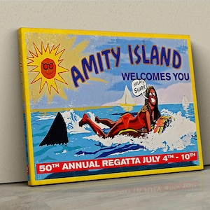 Jaws Amity Island Poster – Retro Shark Movie Print – Funny Horror Wall Art – Beach Sign Decor – Spielberg Classic Film Canvas