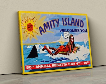 Jaws Amity Island-affisch – Retrohajfilmstavla – Rolig skräckväggkonst – Strandskyltdekor – Spielbergs klassiska filmcanvas