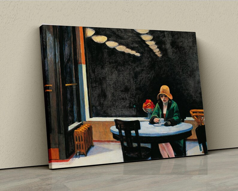 May include: A painting of a woman in a green dress and a yellow hat sitting at a table in a cafe. The cafe has a dark interior with a large window and a radiator. There are flowers on the table and the woman is holding a cup.