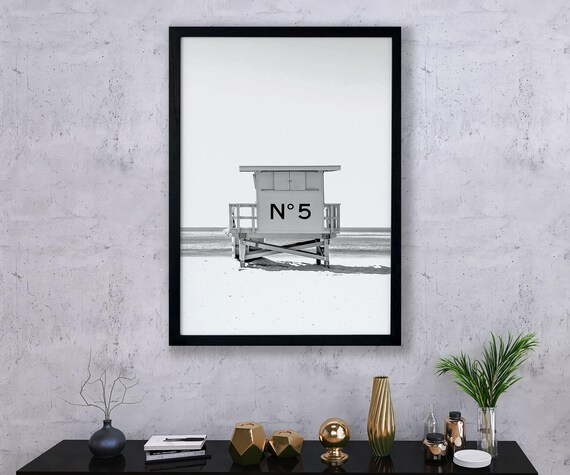 Framed Coastal Fashion Canvas Wall Art – Surf Beach and Lifeguard Hut Black and White Wall Art for Modern and Chic Interiors