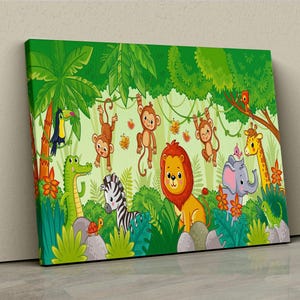 Dschungel Safari Tier Kinderzimmer Leinwand, niedliche Cartoon Safari Poster, Kinderzimmer Dekor, Baby Dschungel Leinwand Druck, bunte Tier Illustration