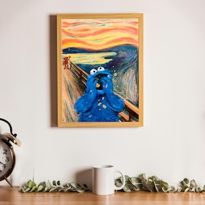 May include: A painting of a blue monster with a wide open mouth, in the style of Edvard Munch's "The Scream". The monster is in the foreground of the painting, with a swirling, colorful background.