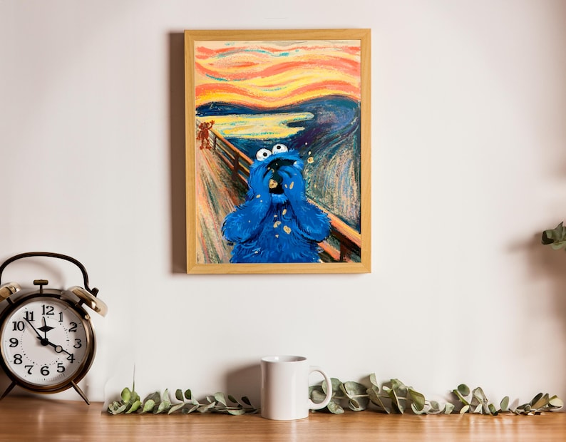 May include: A painting of a blue monster with a wide open mouth, in the style of Edvard Munch's "The Scream". The monster is in the foreground of the painting, with a swirling, colorful background.