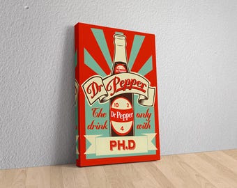 Dr Pepper canvas posterprint, retro frisdrankreclame, drankkunst jaren 1950, grappige keukenmuurdecoratie, nostalgisch frisdrankbord, vintage