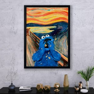 May include: A blue Cookie Monster character is depicted in the style of Edvard Munch's famous painting "The Scream". The character is shown with its mouth open and hands covering its face, as if screaming. The background is a swirling, colorful abstract design.