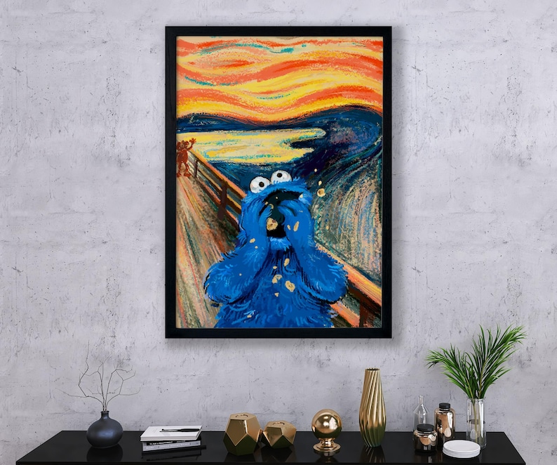May include: A blue Cookie Monster character is depicted in the style of Edvard Munch's famous painting "The Scream". The character is shown with its mouth open and hands covering its face, as if screaming. The background is a swirling, colorful abstract design.