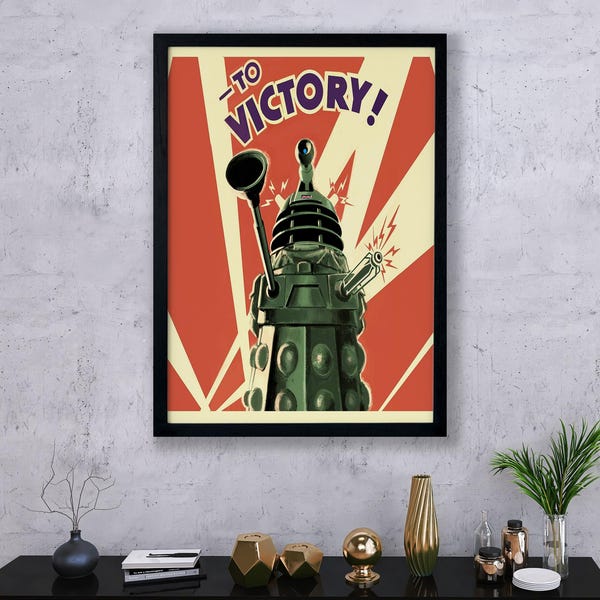 Framed Doctor Who Dalek Canvas Poster, To Victory Retro Sci-Fi Wall Art, Vintage Propaganda Canvas, Geek TV Room Decor, British Fan Gift