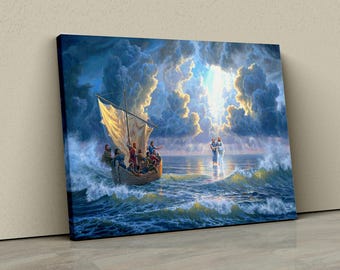 May include: A painting depicting a group of people in a boat on a stormy sea. The sky is filled with dark clouds and a bright light shines down from above. The people in the boat appear to be looking up at the light.