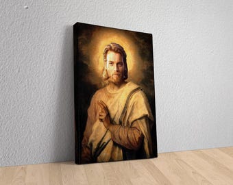 May include: Canvas art print featuring a portrait of a man with a halo, reminiscent of religious iconography. The artwork depicts a figure with light skin, long hair, and a beard, dressed in draped robes. The background is dark with a golden glow.