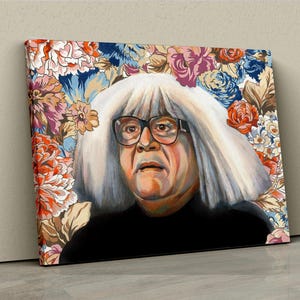 May include: A painting of a person with white hair and glasses, wearing a black shirt, against a background of colourful flowers.