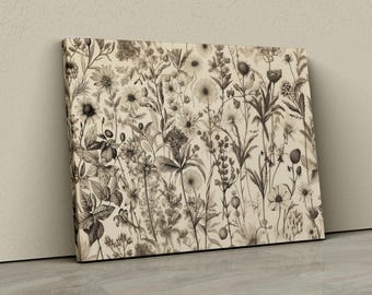 Vintage Botanical Textile Canvas Art, Botanical Textile Art Print, Large Wall Art, Botanical Textile Print On Hanging Canvas,Floral Wall Art
