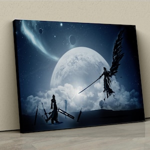 Könnte beinhalten: Leinwanddruck mit einer Fantasy-Szene mit einem großen Mond, Sternen und Himmelselementen. Silhouetten von Figuren mit Schwertern und eine geflügelte Figur vor einem dunkelblauen und weißen Hintergrund.