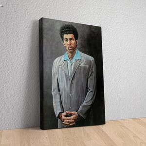 May include: A painting of a man with dark hair wearing a gray suit jacket and a light blue shirt. The man is standing in front of a dark background.