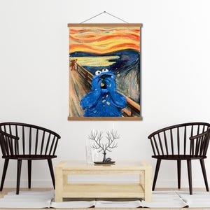 May include: A blue Cookie Monster character is depicted in the style of Edvard Munch's famous painting "The Scream". The character is shown with its mouth open and hands covering its face, as if screaming. The background is a swirling, abstract pattern of yellow, orange, and red.