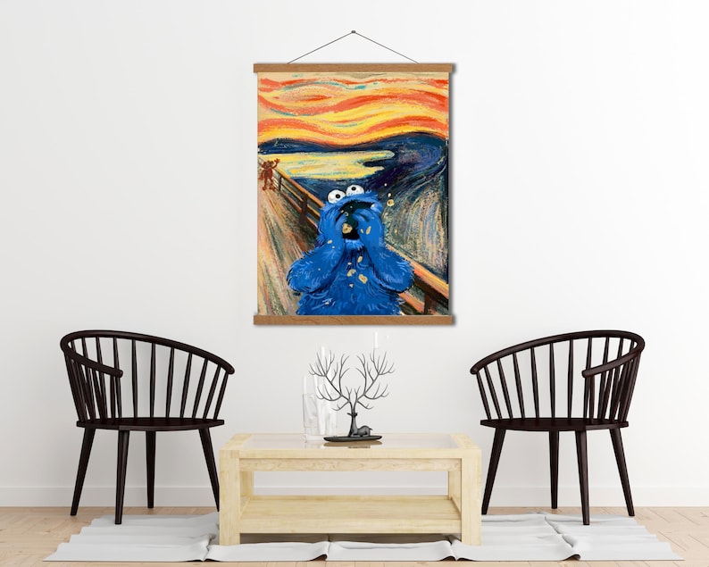 May include: A blue Cookie Monster character is depicted in the style of Edvard Munch's famous painting "The Scream". The character is shown with its mouth open and hands covering its face, as if screaming. The background is a swirling, abstract pattern of yellow, orange, and red.